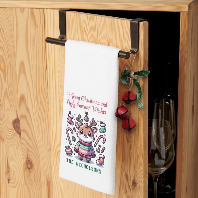 Merry Christmas & Ugly Sweater Wishes Reindeer Kitchen Towel (Creator Uploaded)