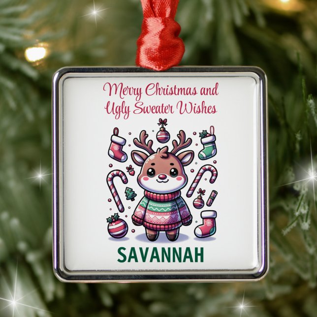 Merry Christmas & Ugly Sweater Wishes Reindeer Metal Ornament (Creator Uploaded)