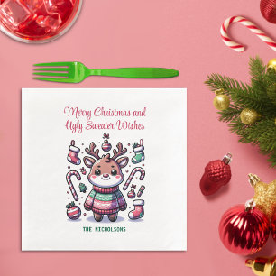 Merry Christmas & Ugly Sweater Wishes Reindeer Paper Dinner Napkins