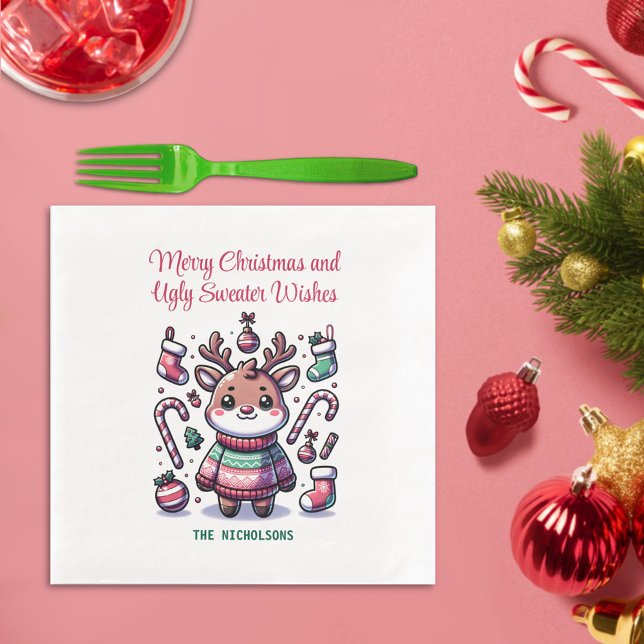 Merry Christmas & Ugly Sweater Wishes Reindeer Paper Dinner Napkins (Creator Uploaded)