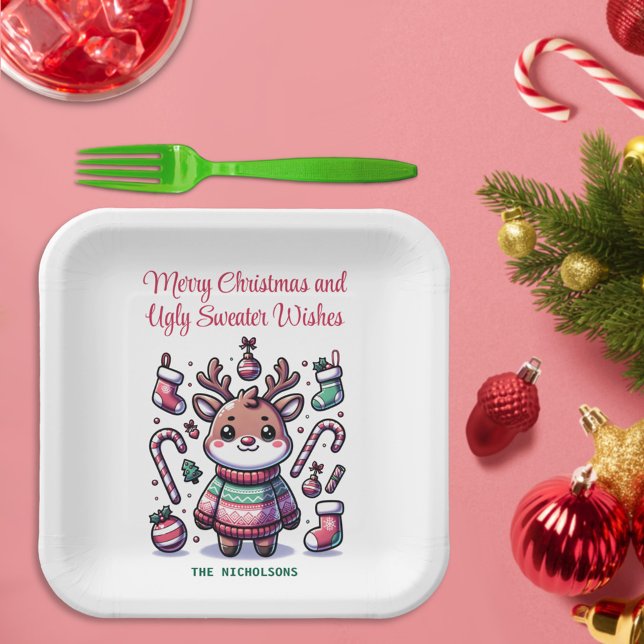 Merry Christmas & Ugly Sweater Wishes Reindeer Paper Plates (Creator Uploaded)