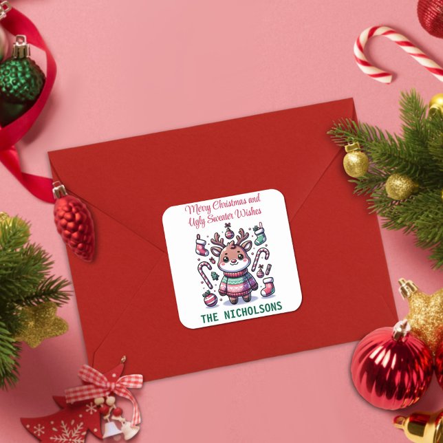 Merry Christmas & Ugly Sweater Wishes Reindeer Square Sticker (Creator Uploaded)