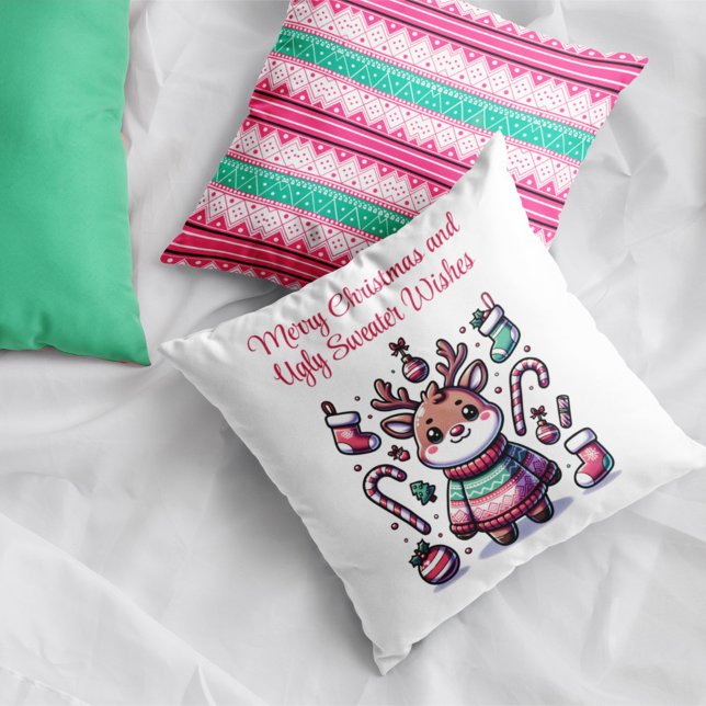 Merry Christmas & Ugly Sweater Wishes Reindeer Throw Pillow (Creator Uploaded)