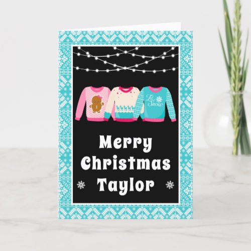 Merry Christmas Ugly Sweaters Blue with Name Holiday Card