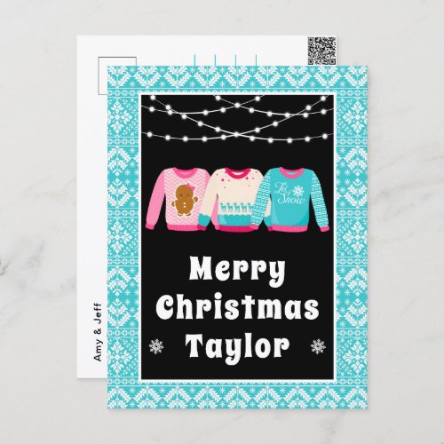 Merry Christmas Ugly Sweaters Blue with Name Holiday Postcard