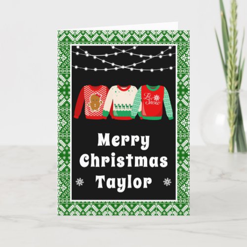 Merry Christmas Ugly Sweaters Green with Name Holiday Card
