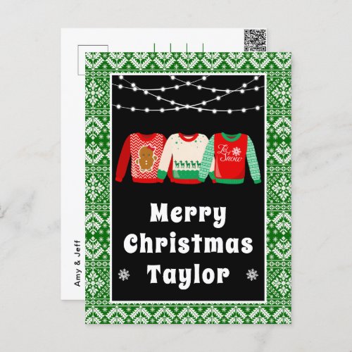Merry Christmas Ugly Sweaters Green with Name Holiday Postcard