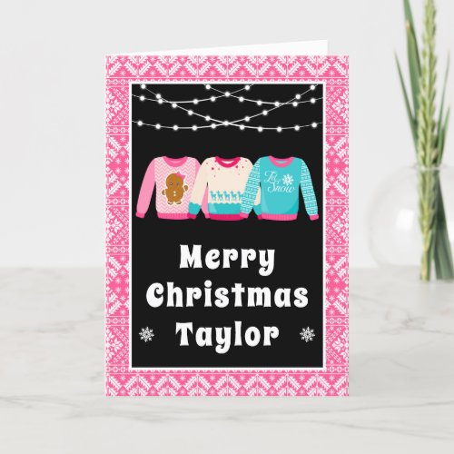 Merry Christmas Ugly Sweaters Pink with Name Holiday Card