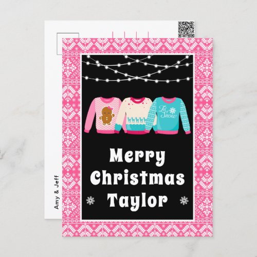 Merry Christmas Ugly Sweaters Pink with Name Holiday Postcard
