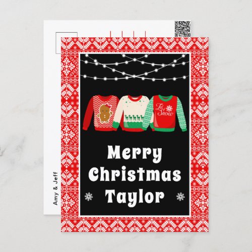 Merry Christmas Ugly Sweaters Red with Name Holiday Postcard