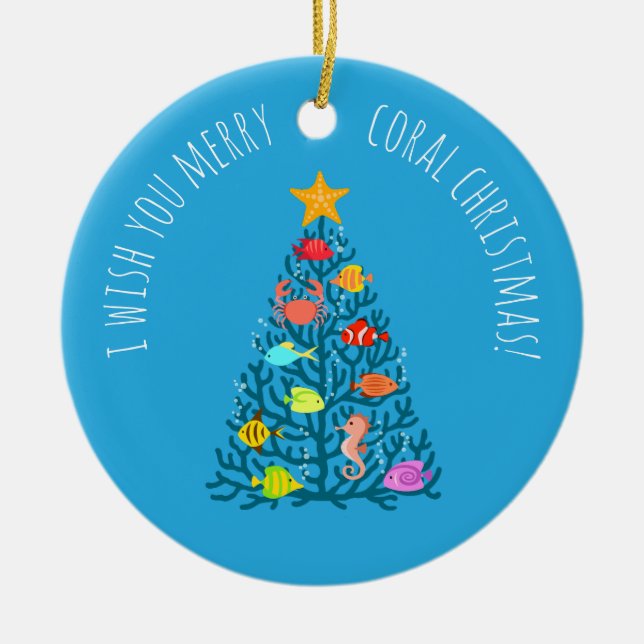 Merry Christmas Undersea Coral Tropical Fish Ceramic Ornament (Front)