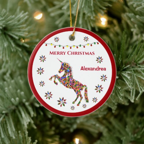 Merry Christmas Unicorn Glitter Personalize  Ceramic Ornament