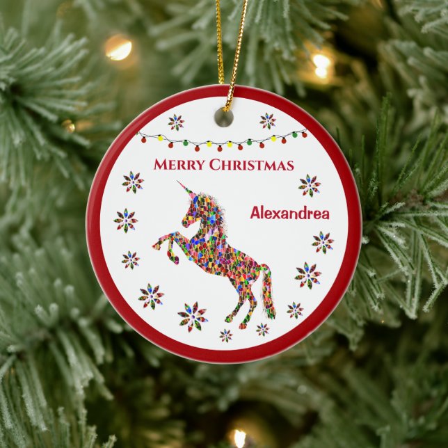 Merry Christmas Unicorn Glitter Personalize  Ceramic Ornament (Tree)