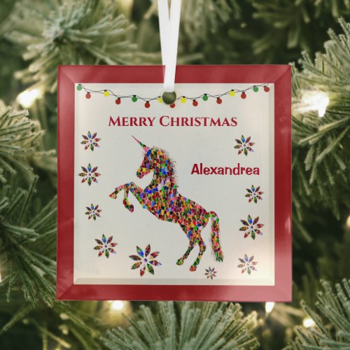 Merry Christmas Unicorn Glitter Personalize Glass Ornament