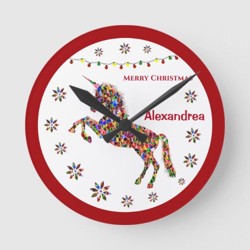 Merry Christmas Unicorn Glitter Personalize   Round Clock