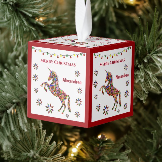 Merry Christmas Unicorn Magical Personalize Cube Ornament (Tree)