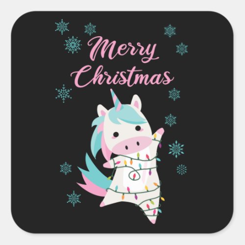 Merry Christmas Unicorn Magical Snow Square Sticker