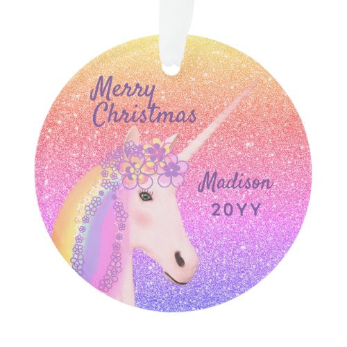 Merry Christmas Unicorn Rainbow Pastel Monogrammed Ornament