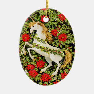 Merry Christmas Unicorn Red Green White Ceramic Ornament