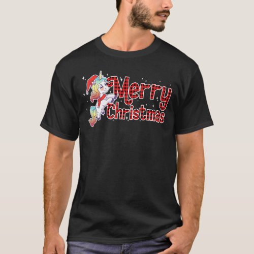 Merry Christmas Unicorn Santa Claus Red Plaid Rain T_Shirt
