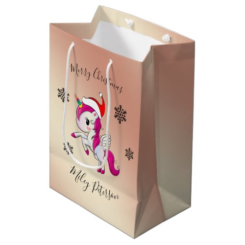 Merry Christmas unicorn  snowflakes personalized Medium Gift Bag