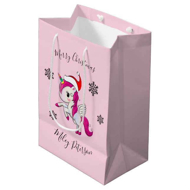 Merry Christmas unicorn & snowflakes personalized Medium Gift Bag (Front Angled)