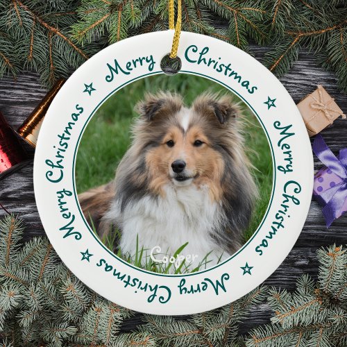 Merry Christmas Unique Trendy Green Pet Dog Photo Ceramic Ornament