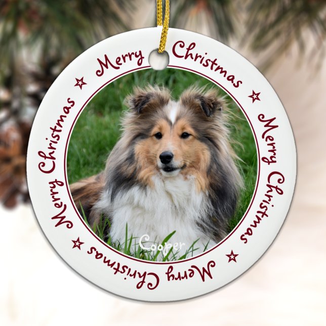 Merry Christmas Unique Trendy Red Pet Dog Photo Ceramic Ornament (Creator Uploaded)