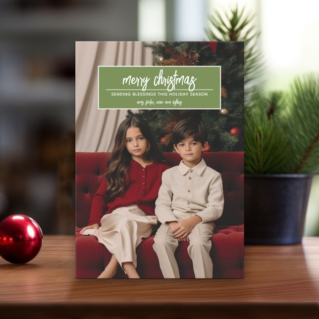 Merry Christmas - Vertical Photo Greeting on Top Holiday Card (Modern Christmas Card with Photos)