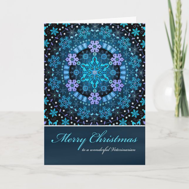 Merry Christmas Veterinarian, Blue Boho Snowflakes Holiday Card (Front)