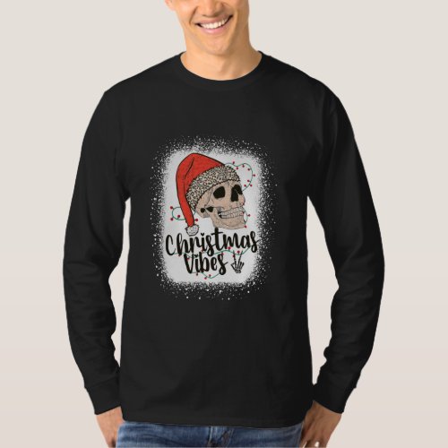 Merry Christmas Vibes Peace Hand Skull In Leopard T_Shirt