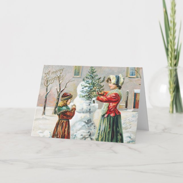 Merry Christmas Victorian Family and Snowman  Holiday Card (Front)