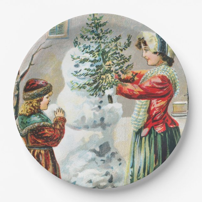 Merry Christmas Victorian Family and Snowman  Paper Plates (Front)