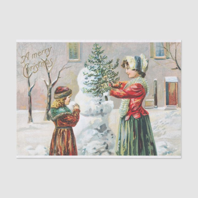 Merry Christmas Victorian Family and Snowman  Tissue Paper (Front)