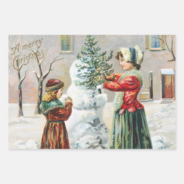 Merry Christmas Victorian Family and Snowman  Wrapping Paper Sheets (Front)