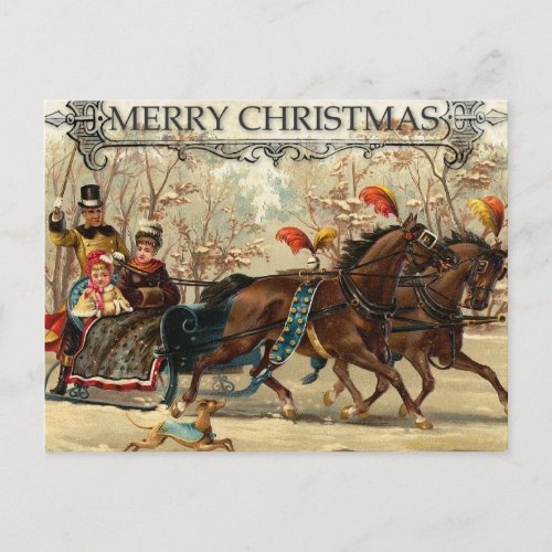 Merry Christmas Victorian Family Carriage  Holiday Postcard