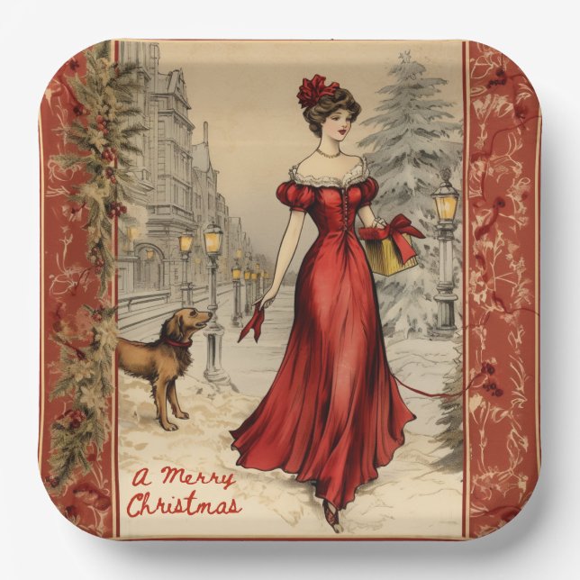 Merry Christmas Victorian Lady Illustration  Paper Plates (Front)