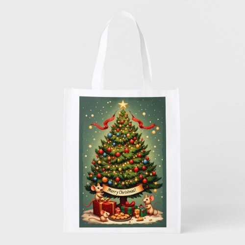 Merry Christmas Victorian Tree Three Cute Mice Grocery Bag