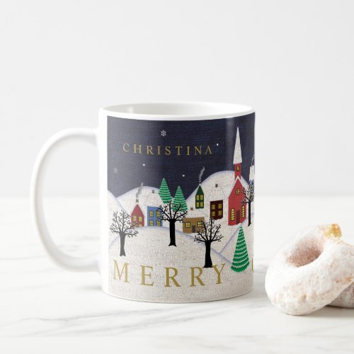 Merry Christmas Village Folk Art Monogrammed Name Coffee Mug