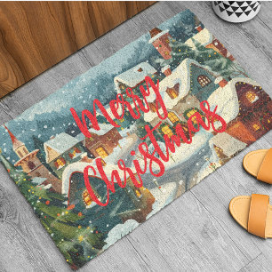 Merry Christmas Village Illustration Natural Coir Fiber Doormat