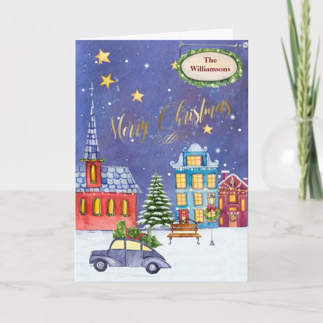 Merry Christmas Village Name Snow  Card (Front)