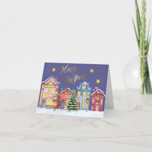 Merry Christmas Village Scene Holiday Card