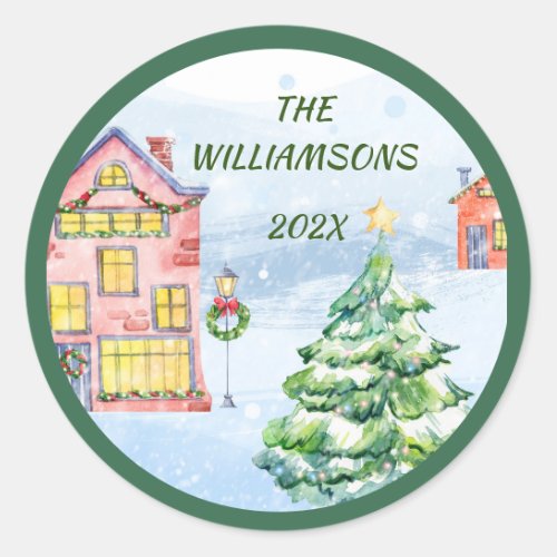 Merry Christmas Village Snow Falling Name Year   Classic Round Sticker