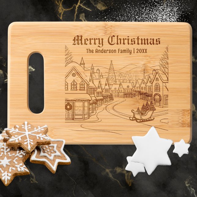 Merry Christmas Village Snow Festive Personalized Engraved Cutting Board (A personalized bamboo wood cutting board, with winter village picture and Merry Christmas words)