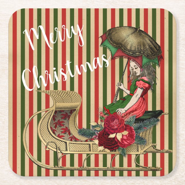 Merry Christmas Vintage Alice Square Paper Coaster (Front)