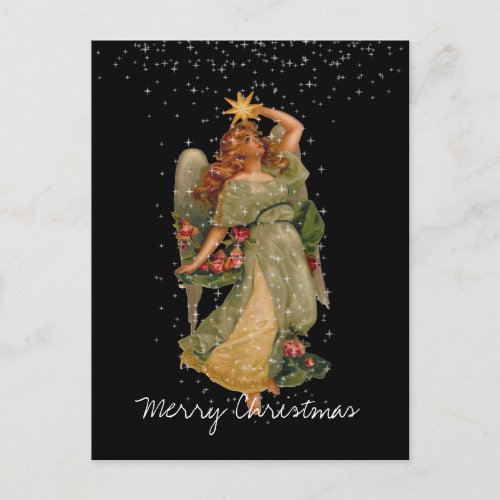 Merry Christmas Vintage Angel Stars Night Sky Holiday Postcard