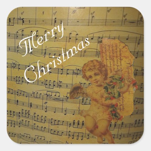Merry Christmas Vintage Angle and Sheet Music Square Sticker