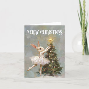 Merry Christmas Vintage Ballerina Bunny and Tree Holiday Card