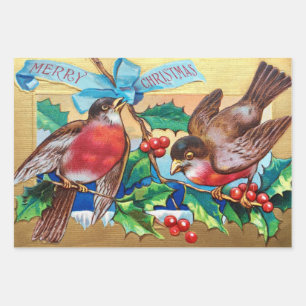 Merry Christmas Vintage Birds and Holly Berry Wrapping Paper Sheets