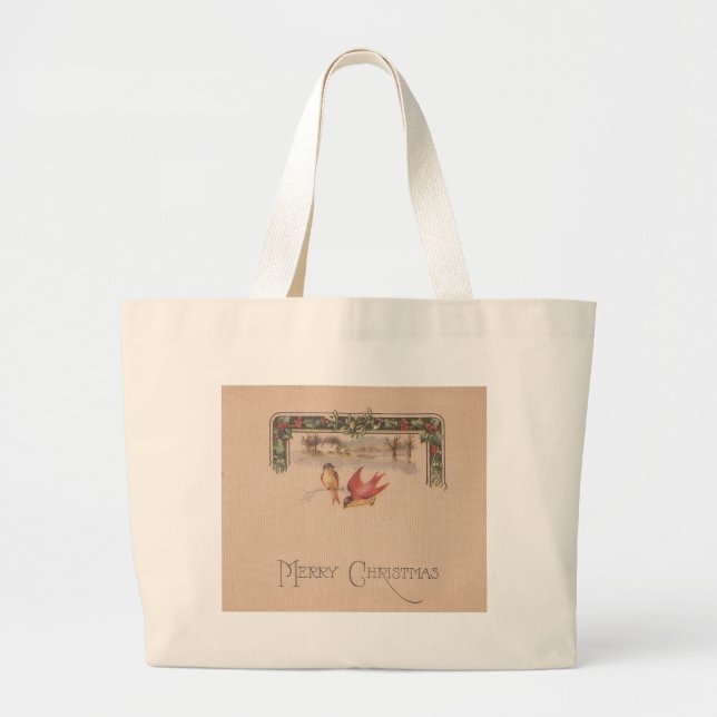 Merry Christmas Vintage Birds Large Tote Bag (Front)